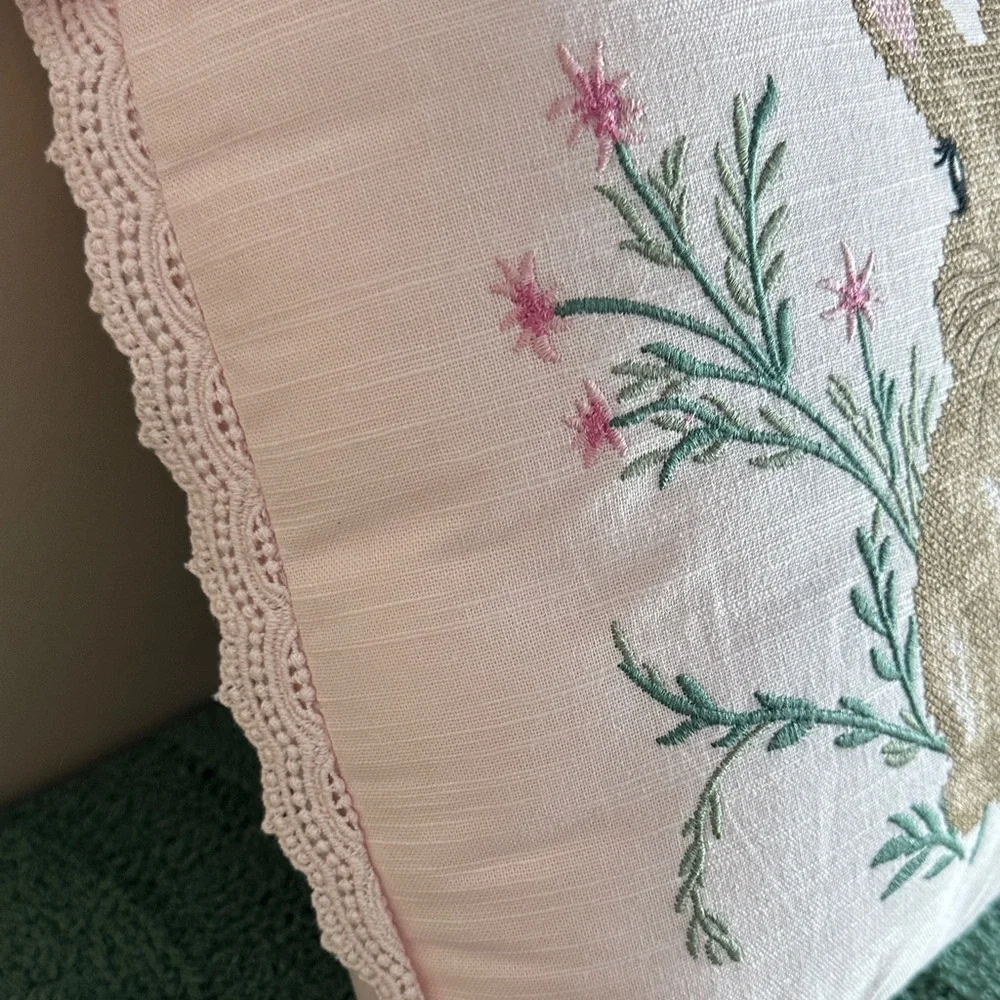 Lillian August French Farmhouse Easter Bunny 🐰 Rabbit Pillow Pink Embroidered